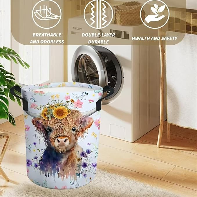 Highland Cow Laundry Basket Nursery Baby Hamper Western Room Decor Funny Tote Bag for Teen Boy Girl Gift 19.6"x15.7"