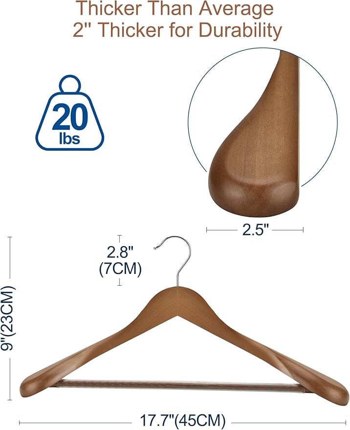 HOUSE DAY Wide Shoulder Wooden Hangers, Suit Hangers with Non Slip Pants Bar, Smooth Finish 360° Swivel Hook Solid Wood Coat Hangers for Dress, Jacket, Pants, Heavy Clothes Hangers 6 Pack (Walnut)