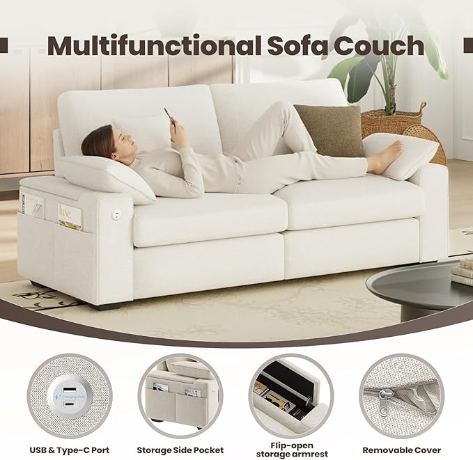 76" Loveseat Sofa, Cloud Foam Couch, 3 Seater Upholstered Midcentury Mondern Love Seat with USB Type C Ports, 4 Pillows and Flip-Open Storage Armrest for Living Room/Small Spaces, Beige