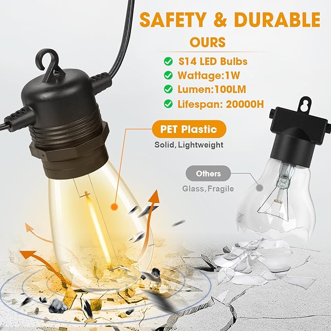 200FT(50FT*4) LED Outdoor String Lights Waterproof Patio Lights with 64 Shatterproof S14 Edison Bulbs(4 Spare), Dimmable Hanging Outdoor Light Connectable for Yard, Porch, 2700K Warm White