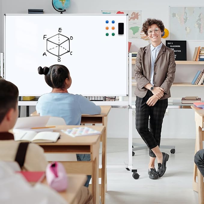 White Board on Wheels, 48 x 32 Inches Height-Adjustable Large Rolling Whiteboard, Mobile Magnetic Dry Erase Board with Stand, Double-Sided Standing Whiteboard for Office, Home, Classroom, School