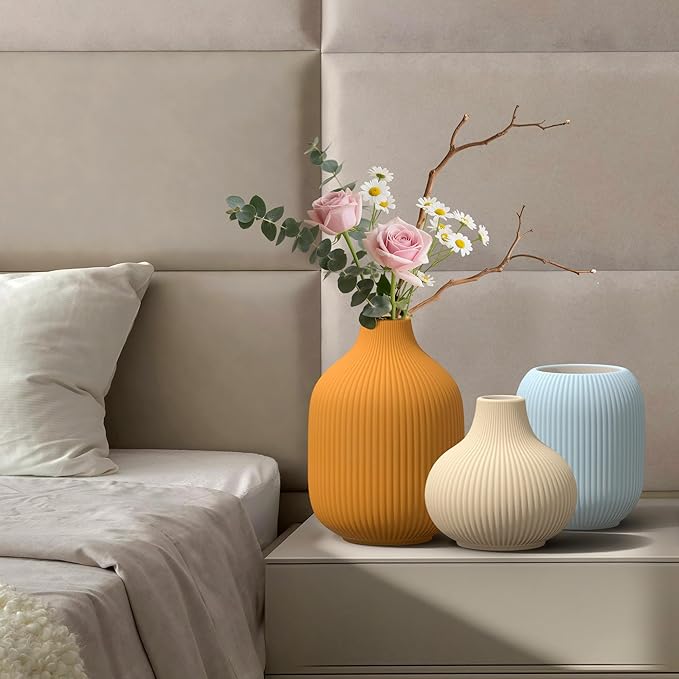 Colorful Ceramic Vases Set of 3, Modern Minimalist Ribbed Vases for Centerpiece, Home Office Shelf Decor, Farmhouse Kitchen Bathroom Bedroom Living Room Decor