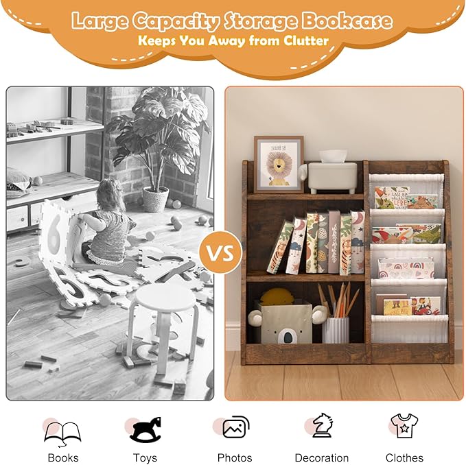 Kids Bookshelf for Bedroom Toddler Children Baby Bookcase 3-Tier for Nursery Book Toy Storage Organizer 4 Sling Adjustable Display Shelf Book Rack Wood Classroom Playroom Rustic Brown