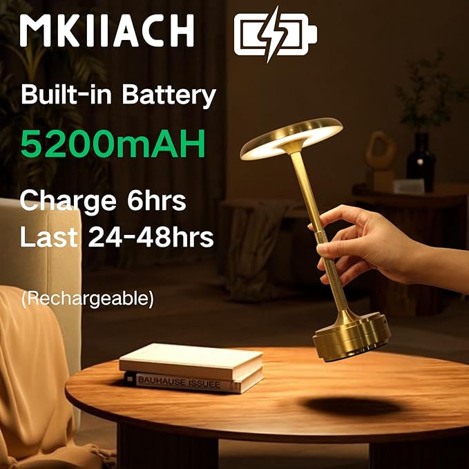 Small Table Lamp With 5200mah Battery - Rechargeable Desk Lamp For Cozy Nights, Usb-C Fast Charging & Stepless Dimming, Cordless Table Lamp With 3 Lighting Modes For Bedroom, Office & Travel(Gold)