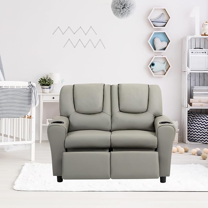 AVAWING Double Toddler Recliner Chair, Kids Couch with Cup Holders, Faux Leather Kids Recliner, Loveseat Sofa w/Adjustable Footrest & Headrest for Boys and Girls Age 1-4, Grey