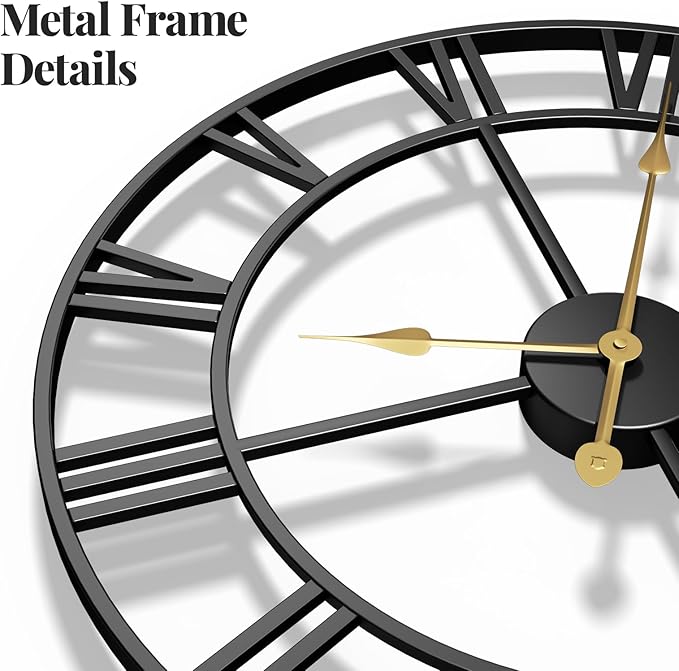 24 Inch Wall Clock Black, Large Decorative Wall Clocks for Living Room, Modern Metal Round Clocks Battery-Operated Completely Silent Non Ticking Roman Number