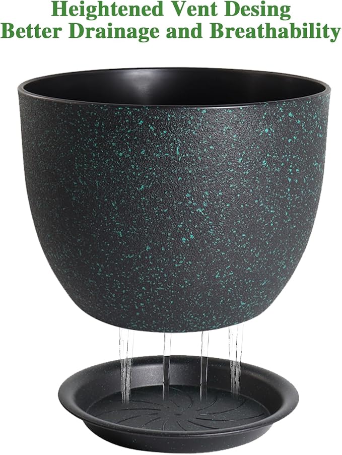 12inch Large Plant Pot, Modern Plastic Planter with High Driange Holes and Saucer for Indoor Outdoor Garden Plants and Flowers, Black with Green Speckles