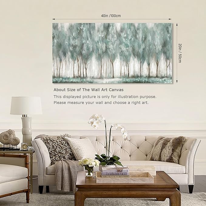 NINEASO Abstract Forest Canvas Wall Art - Grey Teal Foggy Trees Pictures Abstract Misty Woods Wall Decor Modern Botanical Painting Print Artwork for Living Room Bedroom Home Office Decor 20" x 40"