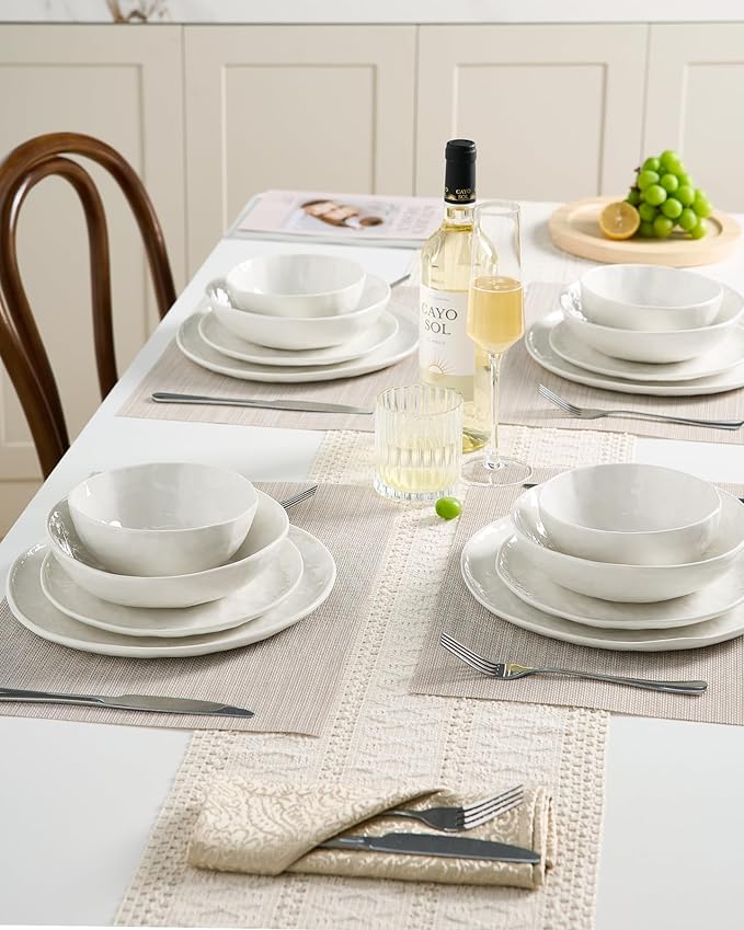 Famiware Porcelain kitchen plates and bowls set, Modern dishes set for 4, Handmade Wave Edge Dinnerware Sets, Microwave and Dishwasher Safe Tableware, Polar White (16pc)