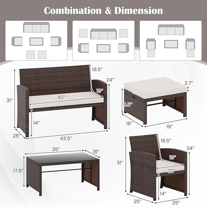Tangkula 6 Pieces Patio Furniture Set, Outdoor Sectional Conversation PE Rattan Sofa Set with 1 Loveseat, 1 Coffee Table, 2 Armchairs and 2 Ottomans for Garden, Deck, Backyard and Poolside (White)