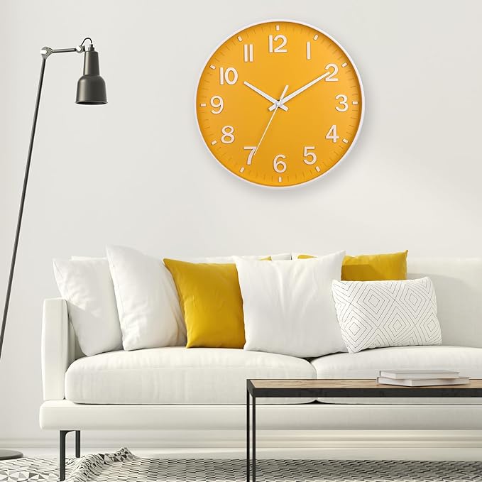 HZDHCLH Yellow Wall Clocks Battery Operated,12 inch Silent Non Ticking Modern Wall Clock for Living Room Bedroom Kitchen Office Classroom Decor