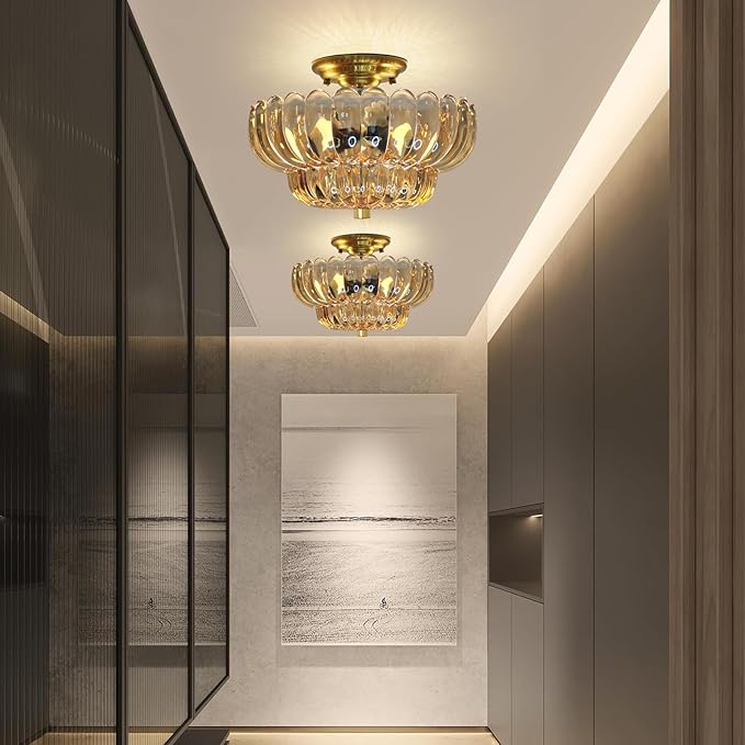 Gold Semi Flush Mount Ceiling LightAmber Glass Chandeliers Modern Light Fixture Kitchen Lights Ceiling Suitable for Hallway Living Room Kitchen Bedroom (Bulb Not Included)