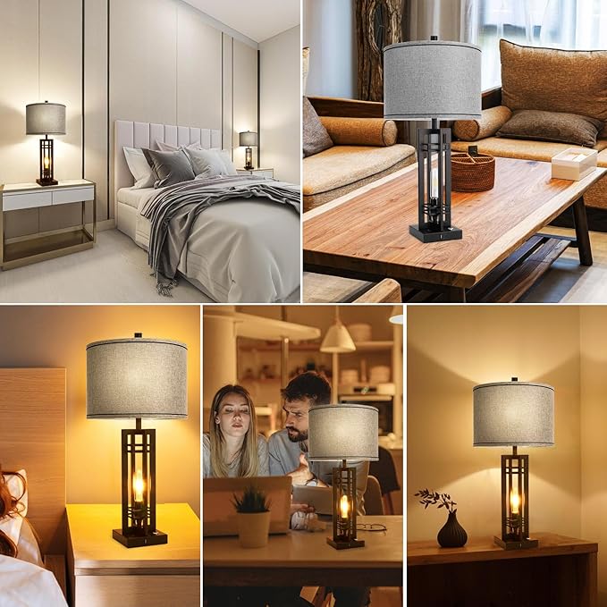 27" Touch Control Farmhouse Table Lamps, Set of 2 Tall Rustic Table Lamps 2-Light Design with USB A+C Ports, Bedside Lamps with Grey Shade for Living Room Home Office, 4 LED Bulbs Included