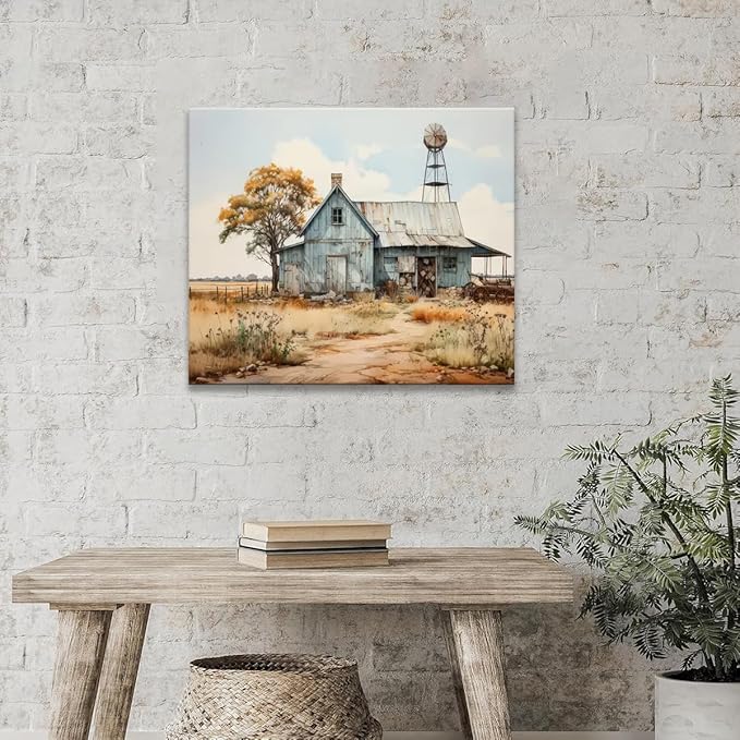 CYULWNNO Farmhouse Canvas Wall Art Old Barn Prints Posters Country Landscape Painting Pictures Country Road Wall Decor Framed for Dining Room Bathroom Living Room Bedroom