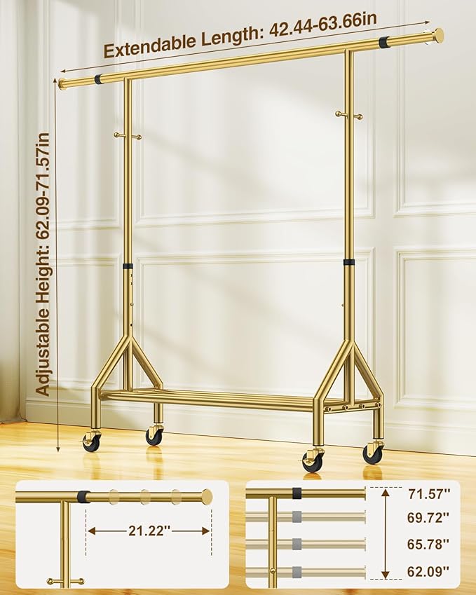 100% Stainless Steel Clothing Rack Load 760LBS, Ultra-Stable Heavy Duty Clothes Rack W/ Reinforced Rubber Ring, Extendable Adjustable Rolling Garment Racks W/ Sturdy Wheel for Portable Hanging Clothes