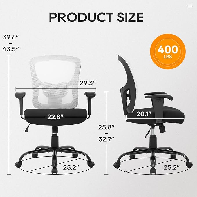 PayLessHere Ergonomic Desk Chair Office Chair Computer Chair 500lbs with Lumbar Support Wide Seat Adjust Arms Rolling Swivel High Back Task Executive Big and Tall Office Chair for Home Office，White