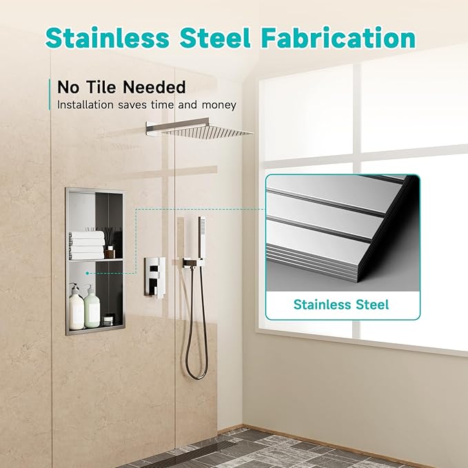 Stainless Steel Shower Niche 12"x24" - No Tile Needed Double Shelves Recessed Wall Niche for Bathroom Storage, Brushed Nickel