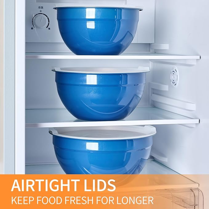 Blue Mixing Bowls with Airtight Lids, Stainless Steel Nesting Mixing Bowls Set of 7, Ideal for Baking, Prepping and Serving Food, Size 7, 3.6, 2.7, 2.1, 1.5, 1.1,0.8 QT, Stackable Design