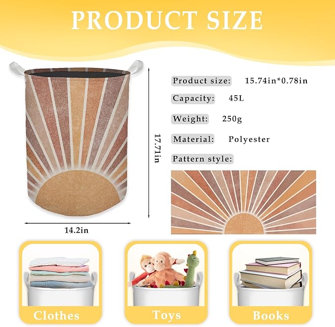 Boho Laundry Basket, Mid Century Modern Boho Neutral Sun Sunshine Waterproof Collapsible Laundry Hamper Dirty Clothes Storage Toy Bin Organizer for Bathroom Bedroom Nursery Girls Kids Room