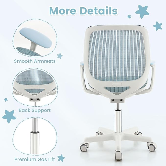 Costzon Kids Desk Chair, Height Adjustable Children Study Computer Chair with Armrests, Sit-Brake Casters, Swivel Mesh Task Chair for Boys Girls Teens Students, Kids Chair for Home, Office, School