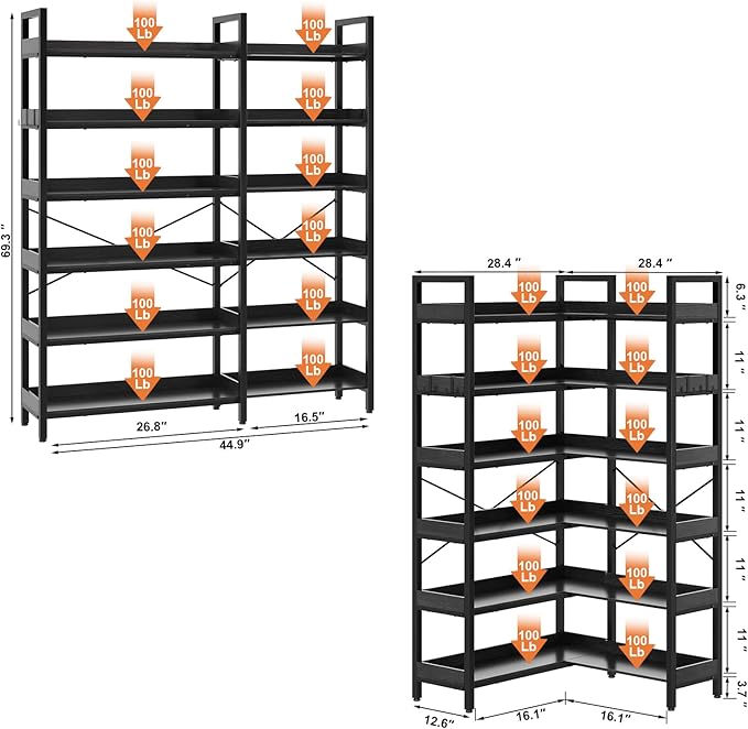 KOUSEI 6-Tier L-Shaped Reversible Corner Bookshelf, 69" Black Industrial Wood & Metal Bookcase, Wide Open Shelves + 4 Hooks for Living Room/Bedroom/Home Office