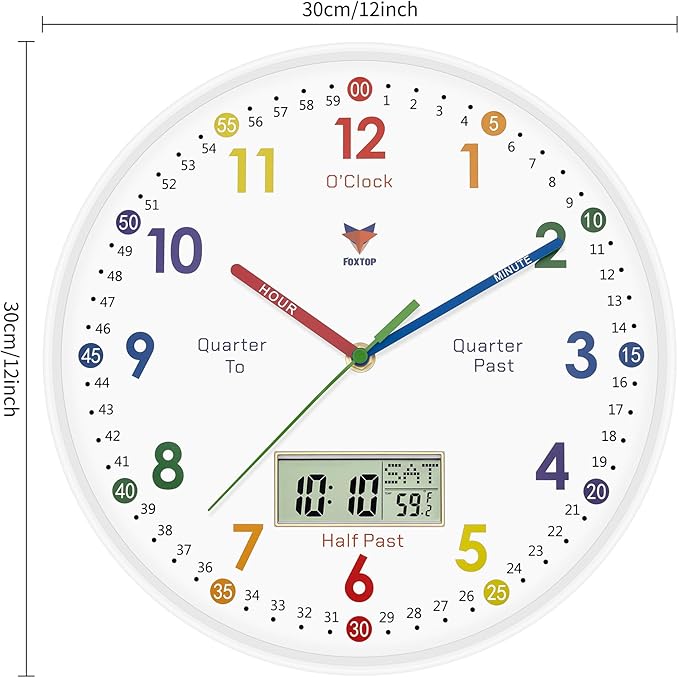 Foxtop Digital and Analog Learning Clock for Kids - Telling Time Teaching Clock 12 Inch Silent Non-Ticking Battery Operated Kids Wall Clock for Kids Room Playroom Nursery Classroom School (White)