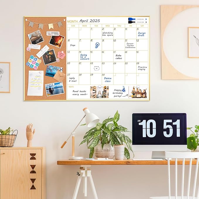 ARCOBIS Whiteboard Calendar with Cork Board, 36"x24" Magnetic White Board Calendar Dry Erase for Wall, Gold Frame Monthly Combination Board for Office, Home, School