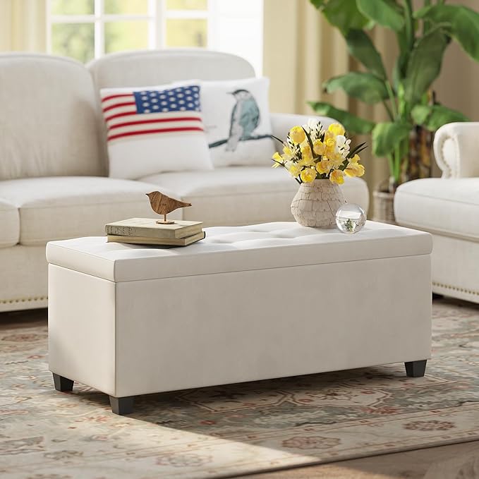 GiftGo Storage Ottoman Bench Foot Rest with Legs End of Bed Bench, Storage Chest, Load up to 660 lb, for Living Room, Bedroom, Entryway (White)