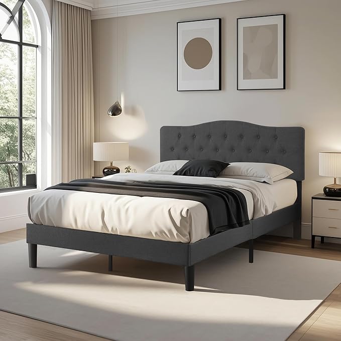 VECELO Queen Size Bed Frame Upholstered Platform with Tufted Adjustable Headboard/Mattress Foundation with Wood Slat Support, Easy Assembly