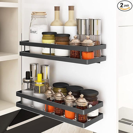 Spice Rack Organizer Wall Mount, 10" Hanging Black Spice Organizer Shelf, Farmhouse Seasoning Organizer, Space Shelves Holder for Kitchen, Flexible Bathroom Organizer (2 Pack)