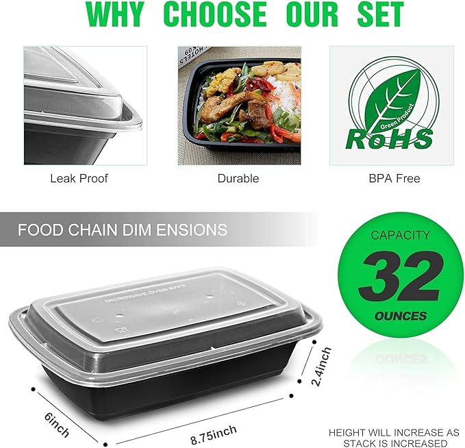 WGCC Meal Prep Containers, 32OZ 50 Pack Extra-thick Food Storage Containers with Lids, Plastic Microwavable Bento Box Reusable Storage Lunch Boxes BPA Free, Stackable, Dishwasher/Freezer Safe