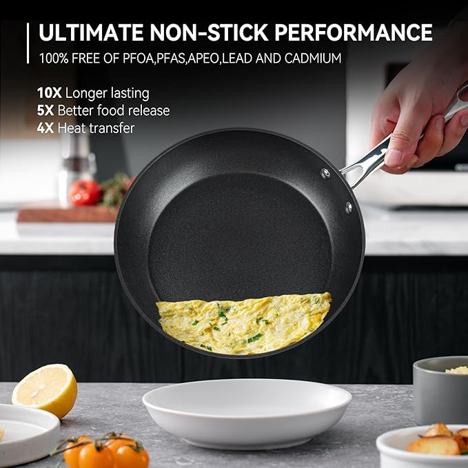 Frying Pan 11 Inch, Nonstick Frying Pan for Induction, 5-Ply Non Toxic Skillet with Stainless Steel Handle, Hard Anodised Aluminum Cookware, Oven Proof, Suitable for All Hobs