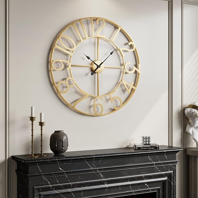 Extra Large Wall Clock 36 Inch Gold Wall Clock Battery Operated, Decorative Gold Clocks Silent Non Ticking for Living Room Kitchen Mantel Decor, Metal Round Modern Clock Arabic Numerals
