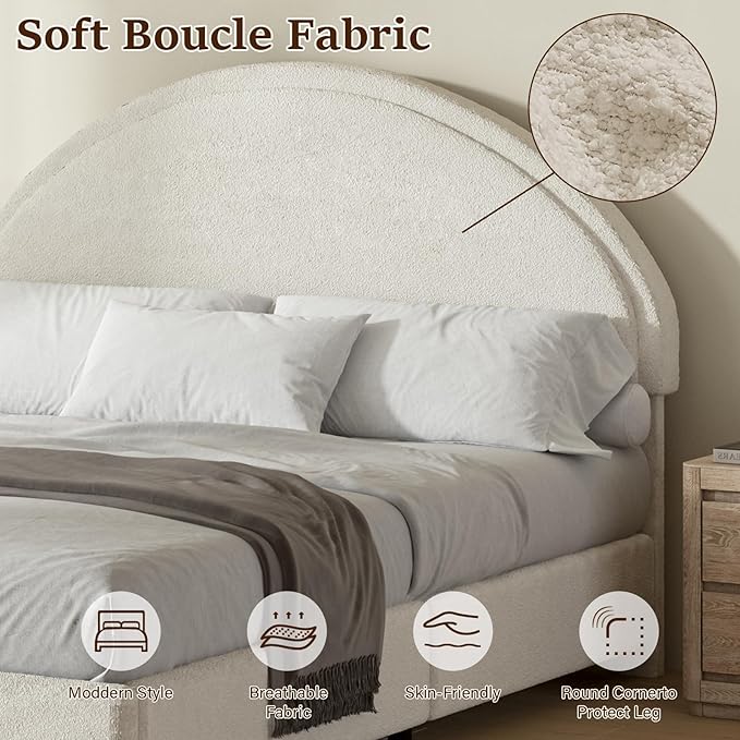 Full Size Bed Frame with Round Headboard, Upholstered Platform Bed Frame, Boucle Soft Bed Frame, Modern Style, No Box Spring Required, Easy Assembly, White
