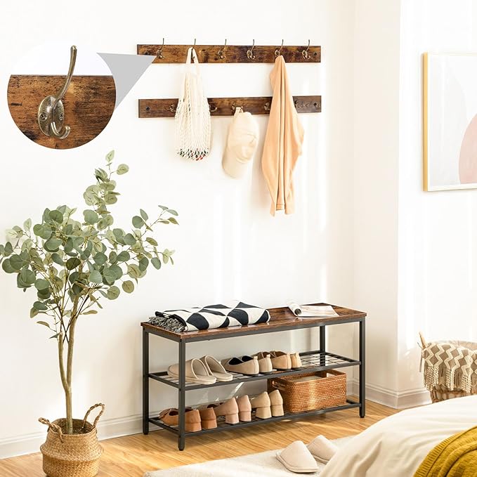 HOOBRO Hall Tree with Bench, Coat Rack Shoe Bench Set, Entryway Shoe Rack with Coat Hooks, Hall Tree, 39.4" L x 11.8" W x 18.1" H, Industrial, for Front Door, Rustic Brown BF071MT01G1