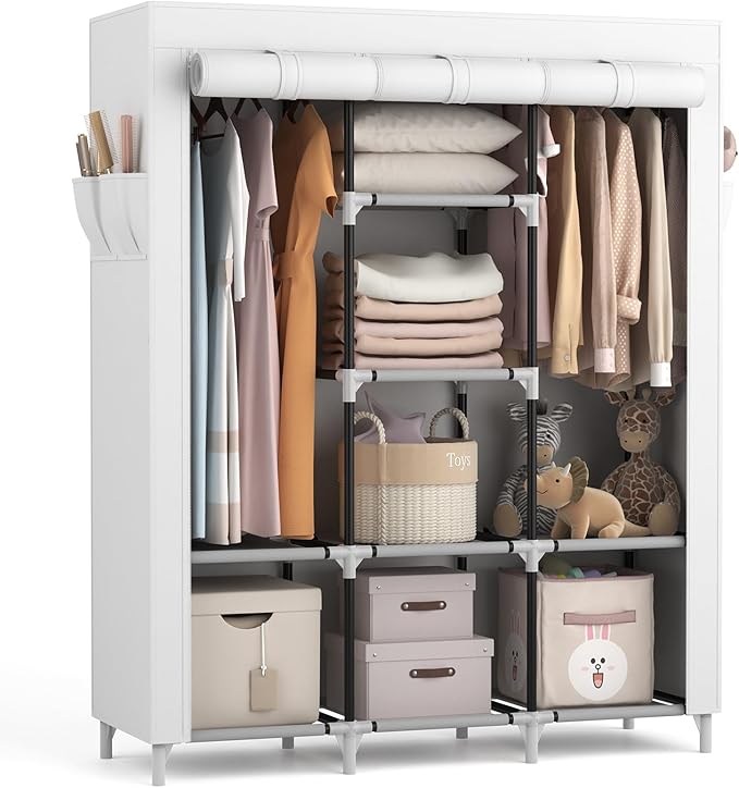 VTRIN Portable Closet Wardrobe for Hanging Clothes with 2 Hanging Rods and 8 Storage Organizer Shelves,Sturdy Large Wardrobe Closet for Bedroom Free Standing Clothes Rack with Cover,White