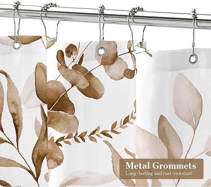 MitoVilla Brown Floral Shower Curtain, Modern Plants Botanical Fabric Cloth Shower Curtains for Rustic Vintage Bathroom Decor, Fall Watercolor Tan Eucalyptus Leaf, 72x72