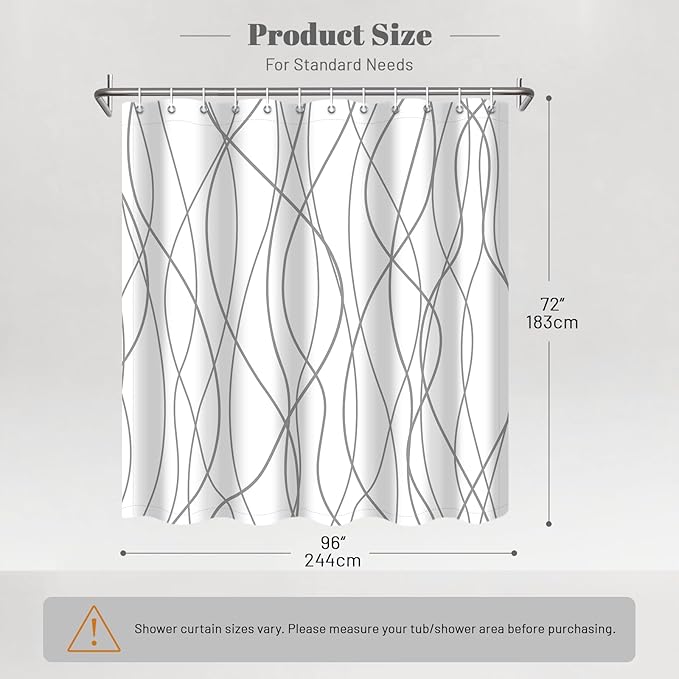 Punkray Grey and White Striped Polyester Shower Curtain for Bathroom with Hooks, Shower Curtains for Bathroom Decor, Waterproof Bath Accessories Hotel Style - Machine Washable 96 x 72