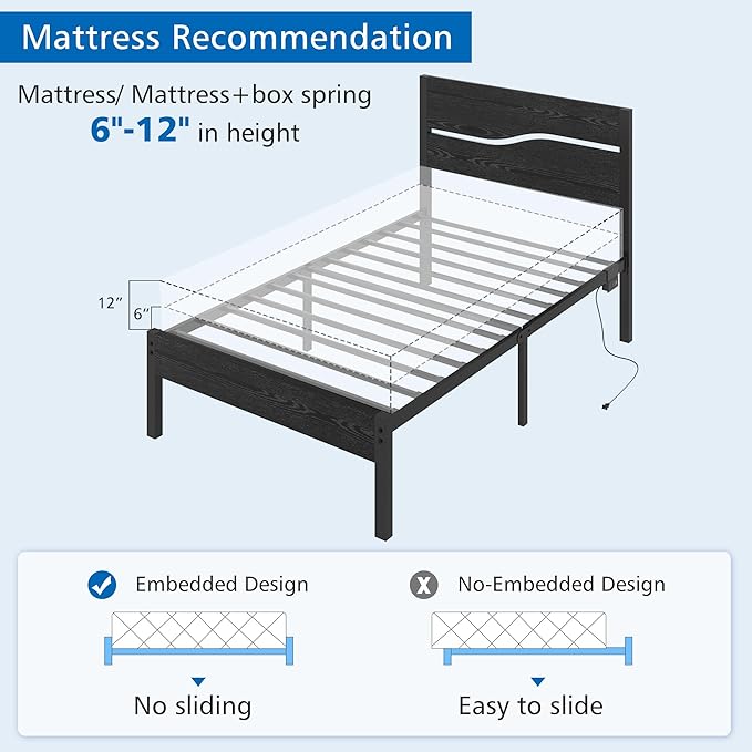 VECELO Twin Size Platform Bed Frame with USB Charging Station and Wood Storage Headboard, Heavy Duty Metal, Large Storage, Noise-Free, No Box Spring Needed, Easy Assembly, Black