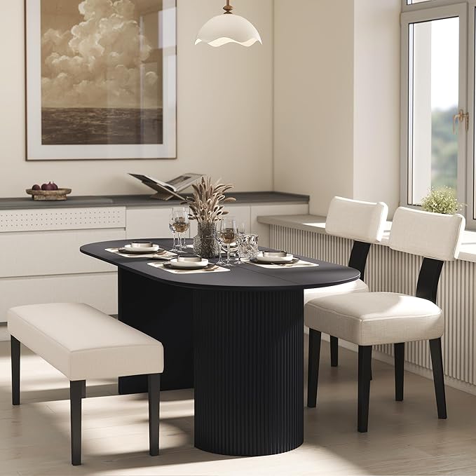 Farmhouse Upholstered Dining Bench Seat Set of 2, 45" Linen Fabric Entryway Bench with Black Wood Legs, Mid Century Modern End of Bed Bench for Kitchen Bedroom Living Room Hallway, Beige