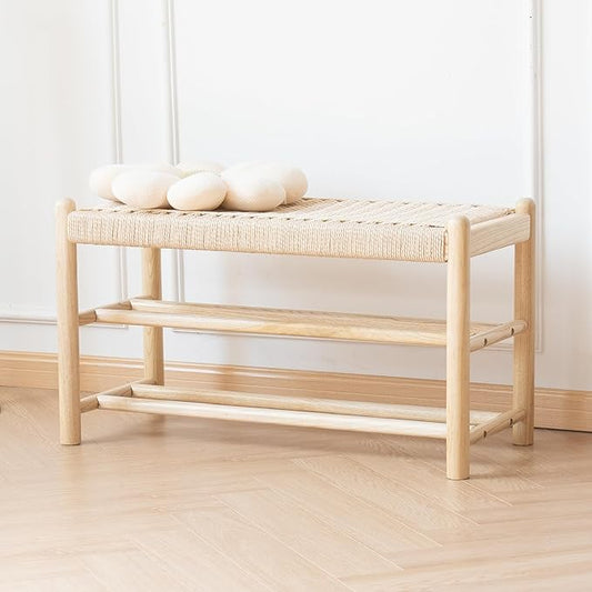 Solid Wood Entryway Bench with Shoe Storage, Rustic Oak Wood and Woven Design 31.5 Inch Long Seating for Living and Dining Rooms, 3-Tier Nature