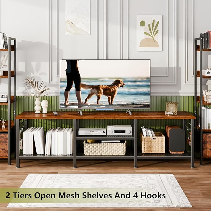 Furologee TV Stand for TVs up to 70 Inch, 63 Inch Entertainment Center with Open Storage Shelves, Television Stands with Soundbar Shelf for Living Room, Bedroom, Rustic Brown