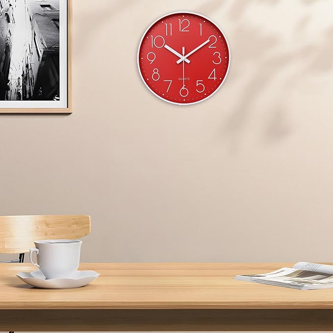 jomparis Red Wall Clock 12 Inch Silent Non-Ticking Battery Operated Quality Quartz Round Wall Clock Modern Decor Clock for Home Bedroom