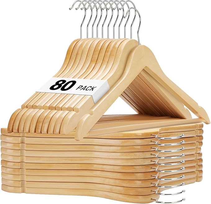 HOUSE DAY Bulk Wooden Hangers 80 Pack, Solid Wood Hanger with Non Slip Pant Bar, Heavy Duty Wooden Coat Hanger for Closet, Smooth Finish Wood Clothes Hangers for Shirts, Suits Jackets, Dress, Natural