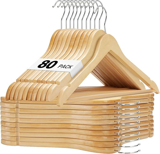 HOUSE DAY Bulk Wooden Hangers 80 Pack, Solid Wood Hanger with Non Slip Pant Bar, Heavy Duty Wooden Coat Hanger for Closet, Smooth Finish Wood Clothes Hangers for Shirts, Suits Jackets, Dress, Natural