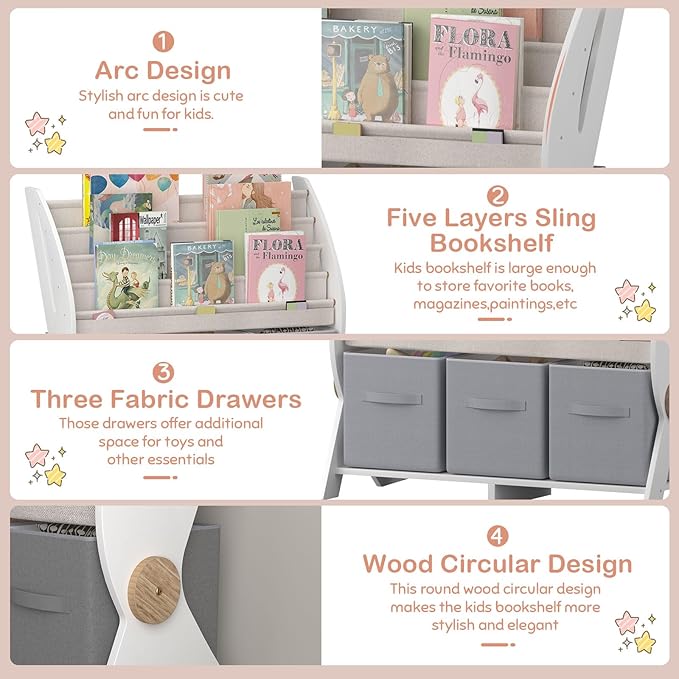 Kids Bookshelf Small 4 Sling Wood Book Rack Kids Room Bookcase Display Stand with 3 Toy Storage Organizer Cube Bins Children Toddler Baby Gift Boys Girls Bedroom Playroom Nursery