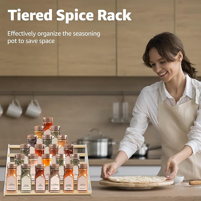 nianfeng Tiered Spice Rack, 6-Tier Spice Pantry Kitchen Cabinet Organizer, 19.9-Inch, Natural Wood Acrylic Stair Riser Stand, Countertop Seasoning Shelf