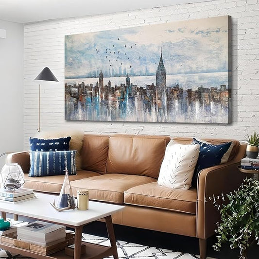 Arjun Cityscape Wall Art New York City Skyline Buildings Picture Modern Abstract Grey NYC Skyline Birds Painting Framed Artwork for Bedroom Living Room Bathroom Home Office Decor, Large Size 40"x20"