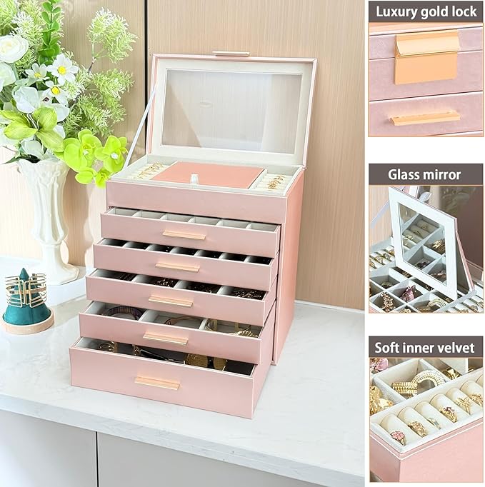 BOOVO Jewelry Boxes for Women, White and Black 6 Layer Large Jewelry Box for Necklace, Bracelet, Earrings, Rings Storage, Jewelry holder Organizer for Girls Gift (Rose gold, 6 layer)