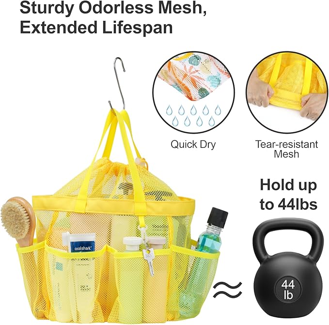 F-color Mesh Shower Caddy Portable with Drawstring - Upgrade Deeper 7 Pockets Dorm Room Essentials for Guys Girls with S Hook, Shower Bag Basket Tote for College Camping Toiletry Bathroom, Yellow